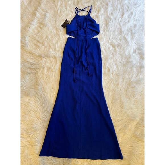 Aidan Mattox Crepe Cut Out Long Dress Halter Backless Maxi Formal Prom Gown Blue - Picture 7 of 10